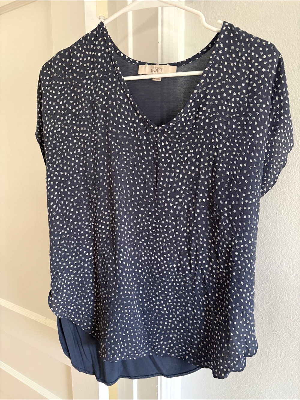 LOFT Navy Short-Sleeve V-Neck Blouse with Small White Dot Print
